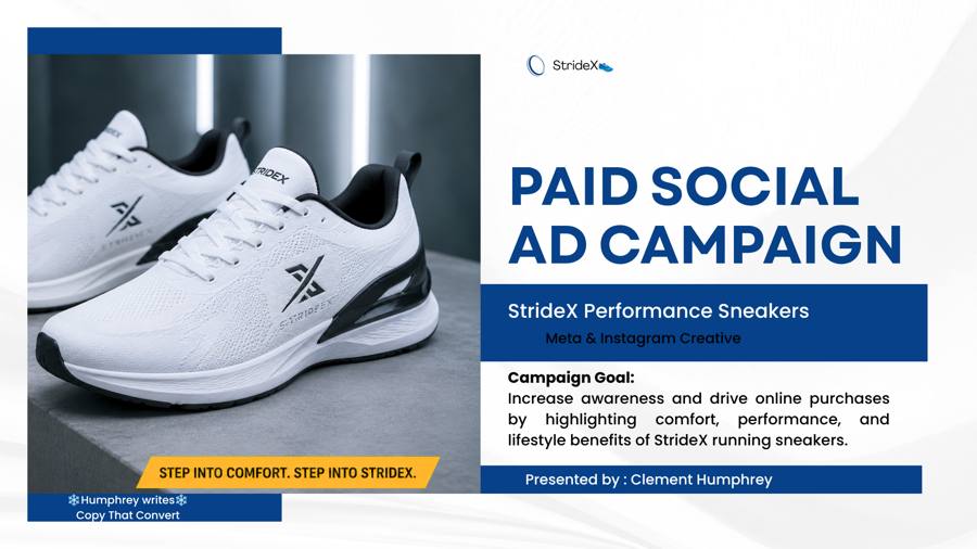 StrideX performance sneaker creative used as the visual for a paid social campaign case study