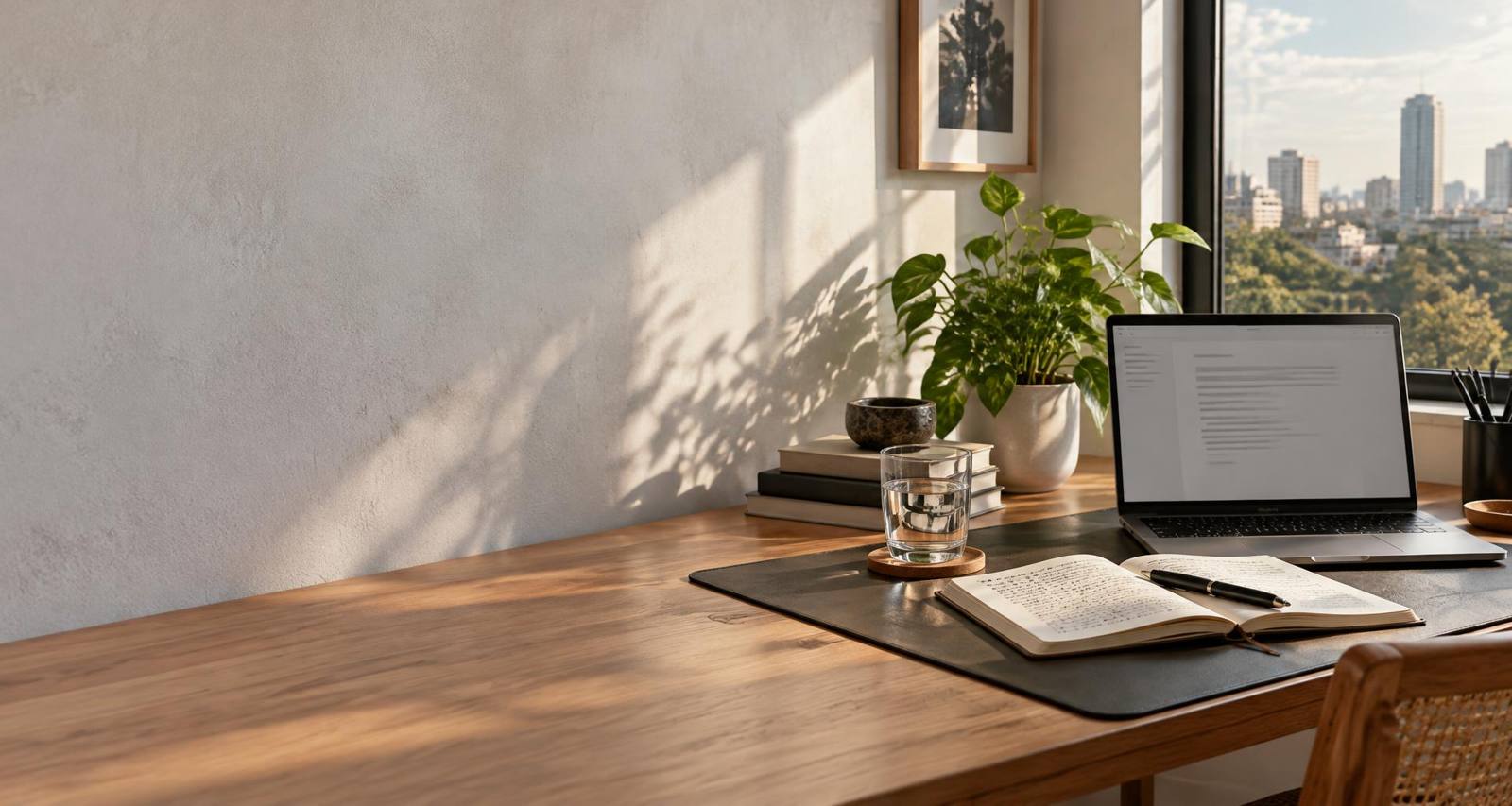 Sunlit writing desk with a notebook, pen, laptop, books and plant beside a city-facing window